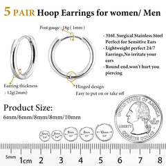 316L Stainless Steel Small Hoop Earrings Set for Women, Cute Huggie Earrings for Women, Hypoallergenic Tiny Cartilage Earrings Hoop Silver Hoop Earrings for Men Multiple Piercing Jewelry Gift A1-Silver 5 Pairs 6/6/8/8/10(THK 2MM)