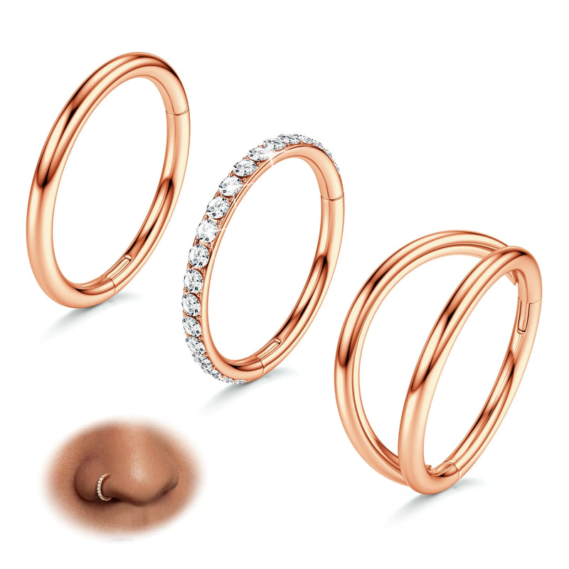 BodyBonita 3pcs Nose Rings Hoops - 316L Surgical Steel Double Hoop Nose Rings 16G/18G/20G Hinged CZ Conch Piercing Jewelry Septum Clicker Lip Rings Cartilage Earring Helix Rook Tragus Daith 7mm/8mm/9mm/10mm Rose Gold 16 gauge(1.2mm)-10mm