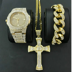 Luxury Hip Hop Diamond Cross Jewelry Combo Set