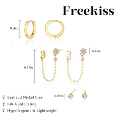 3 Pairs Gold Hoop Earrings Set: Dainty Stud Earrings Trendy Small 14K Gold Plated Hypoallergenic Dangle Cartilage Huggie Hoop Earrings for Women Gold Jewelry for Women Gifts Chain set