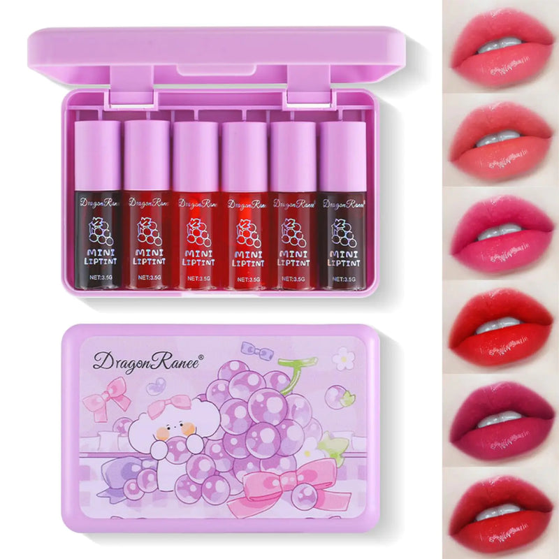 6 Colors Grapes Lip Tint Stain Set, Korean Velvet Lip Stain Watery Lip Stain Tint Moisturizing Mini Liquid Lipstick Set, Long Wearing, Non-Stick Cup, Waterproof, High Pigment, Lip Tint Makeup Grape