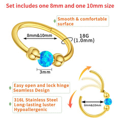 2PCS 18g Opal Nose Rings for Women Nose Hoops 8mm/10mm 316L Surgical Steel Nose Rings Piercing Jewelry Can Be Used as a Nose Ring, Septum Ring, and Cartilage Earring 2pcs-Gold-Blue opal 8mm10mm